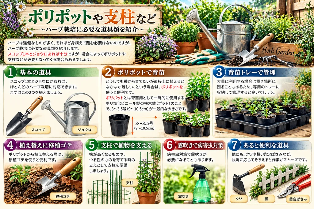 ポリポットや支柱など、ハーブ栽培に必要な道具類を紹介