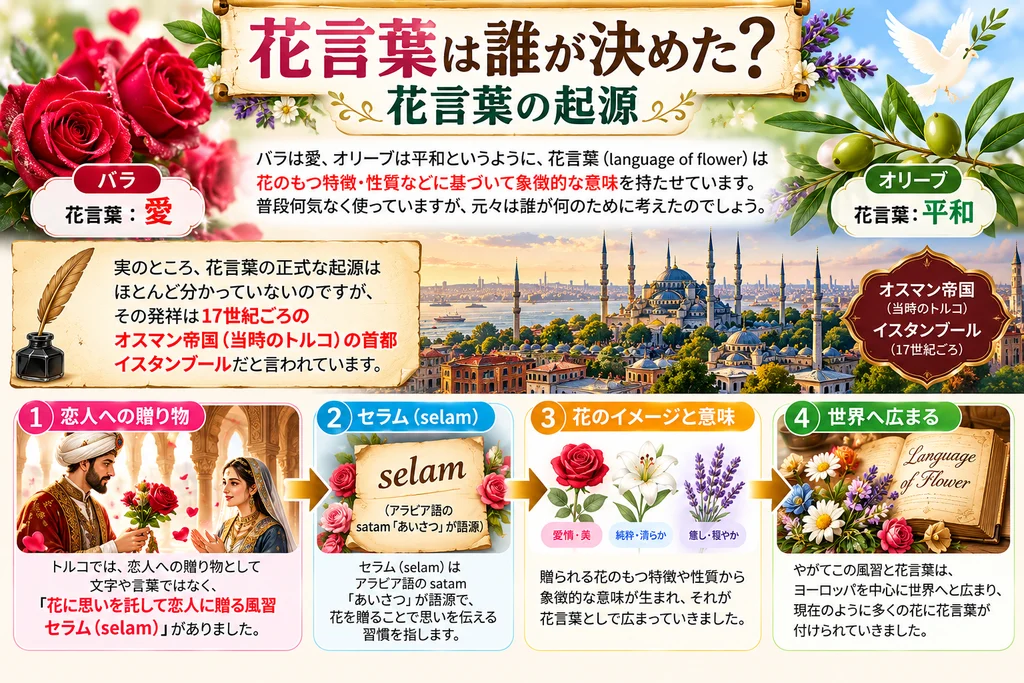 花言葉の起源を紹介する解説図