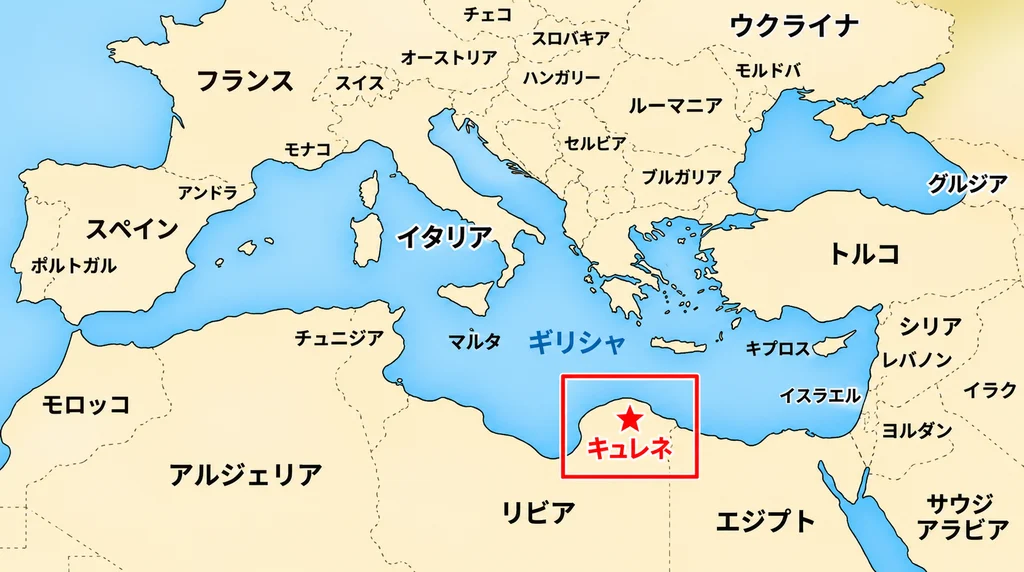 シルフィウムの産地として知られたキュレネ周辺を示す既存の地図