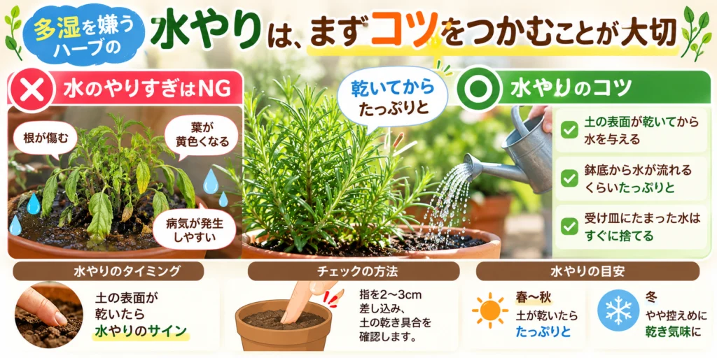 多湿を嫌うハーブの水やりは、まずコツをつかむことが大切