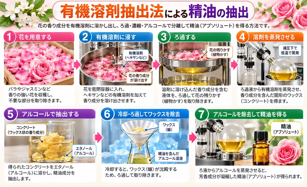 有機溶剤抽出法による精油の抽出