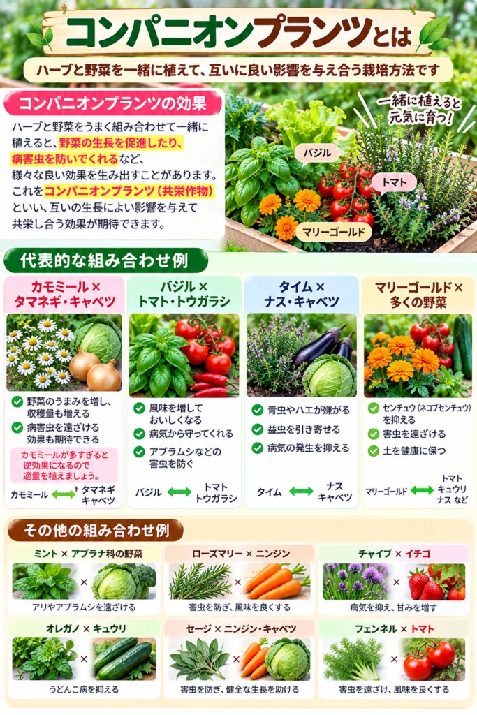 コンパニオンプランツとは,ハーブと野菜を一緒に植えて、互いに良い影響を与え合う栽培方法です