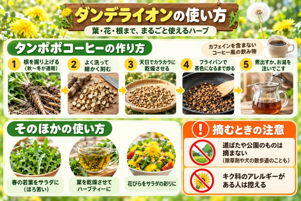 ダンデライオンの使い方(若葉のサラダ・タンポポコーヒー)