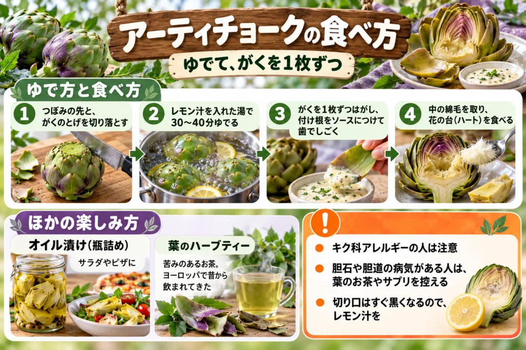 アーティチョークの食べ方(ゆで方・オイル漬け・ハーブティー)