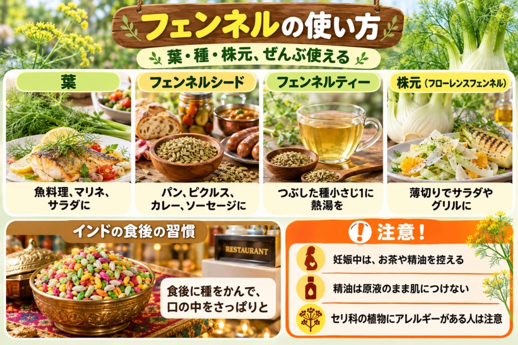 フェンネルの使い方(魚料理・フェンネルシード・ハーブティー)