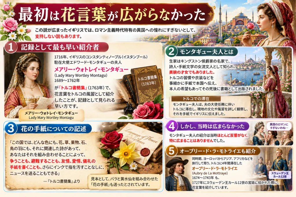 花言葉の起源と初期の紹介を題材にした解説図