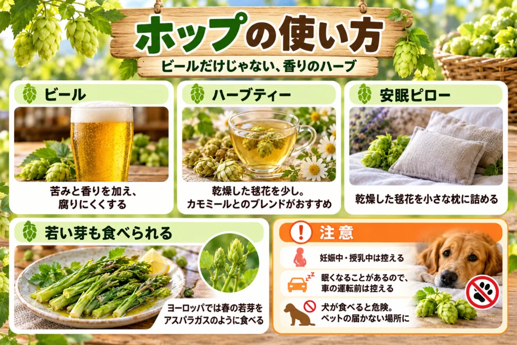 ホップの使い方(ビール・ハーブティー・安眠ピロー)