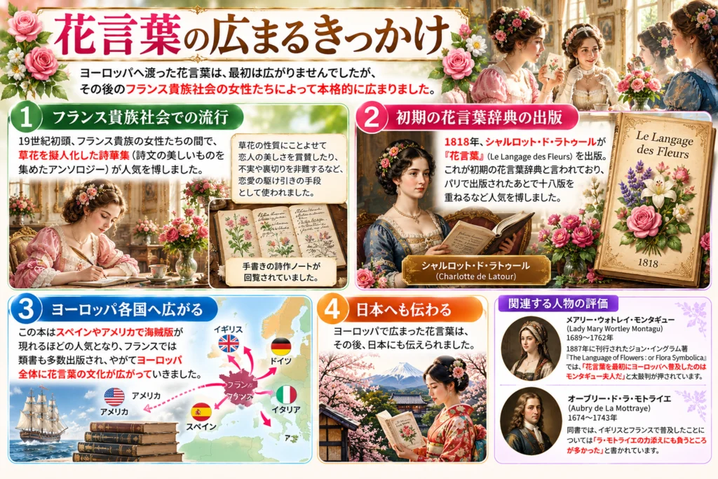 花言葉の本が広まるきっかけを紹介する解説図