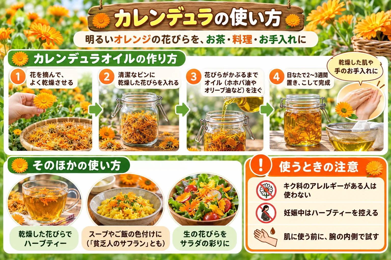 マリーゴールド（カレンデュラ）の効能と使い方｜花壇のマリーゴールド