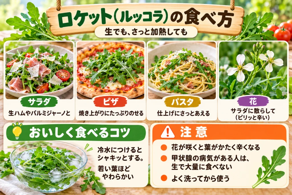 ロケット（ルッコラ）の食べ方（サラダ・ピザ・パスタ・花）