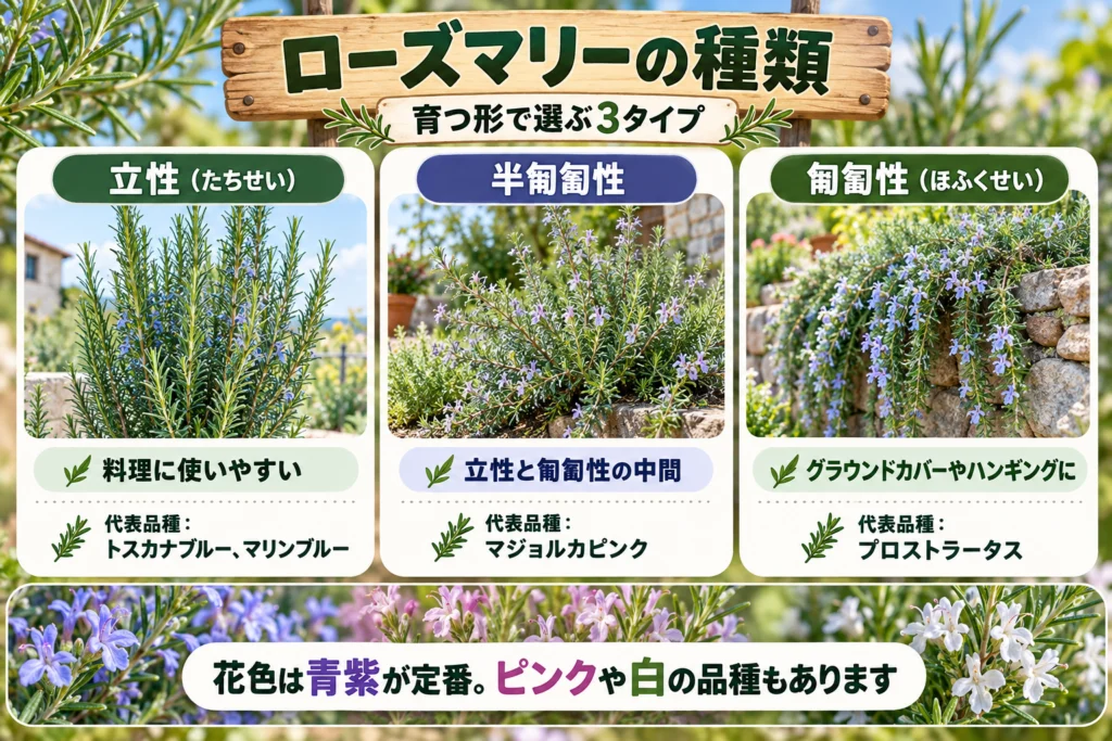 ローズマリーの種類（立性・半匍匐性・匍匐性）