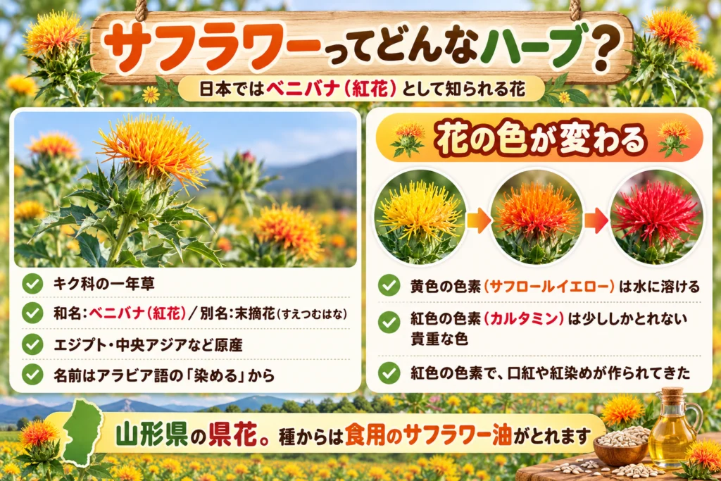 サフラワー(ベニバナ)とは?花の色の変化と紅の色素