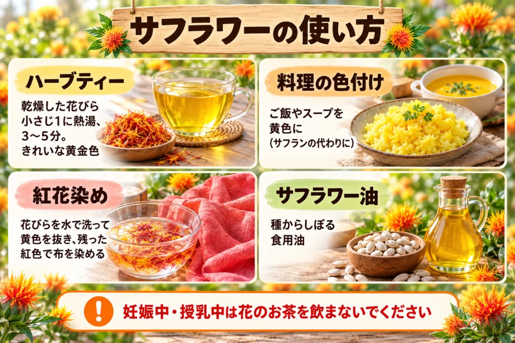 サフラワーの使い方(ハーブティー・料理の色付け・紅花染め・サフラワー油)
