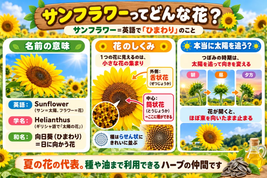 サンフラワー（ひまわり）とは？名前の意味と花のしくみ