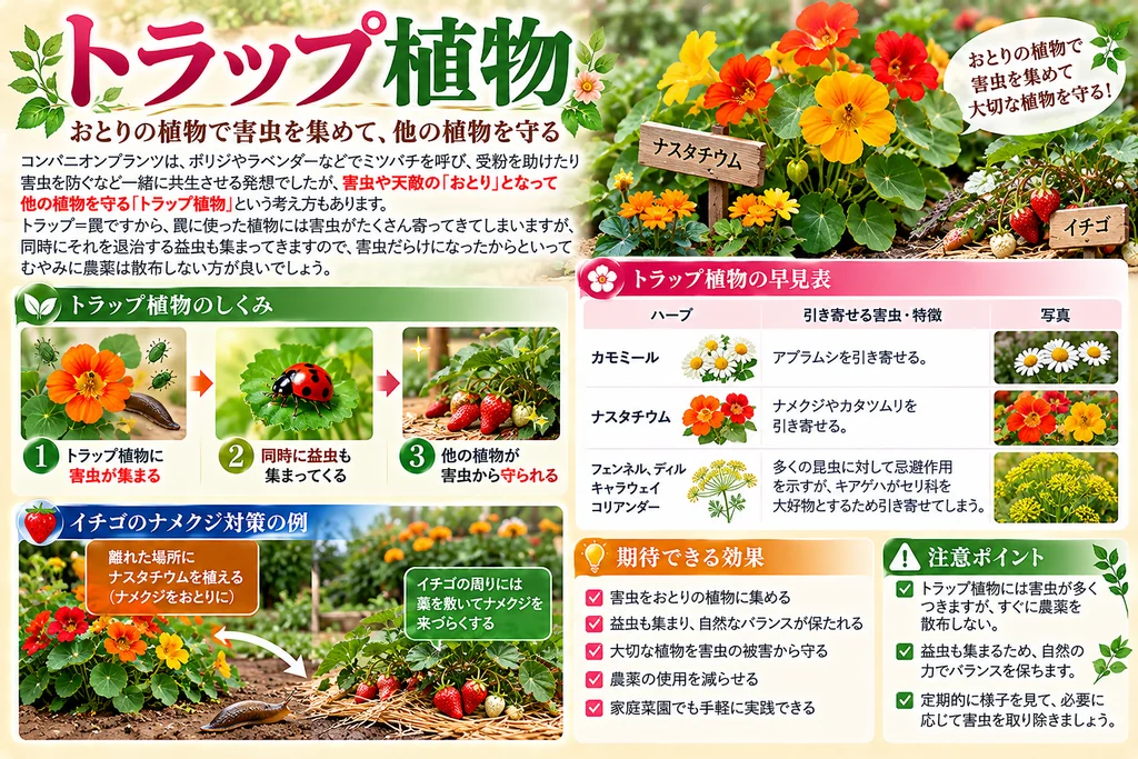 トラップ植物は、おとりの植物で害虫を集めて、他の植物を守ります